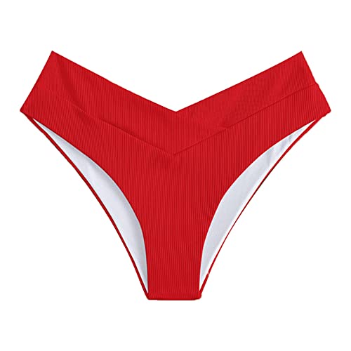 Las mujeres V corte cintura natación abajo hipster acanalado corte alto bikini traje de baño, rojo, M