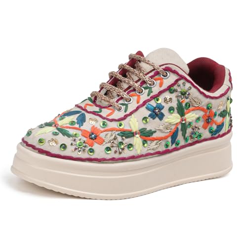 Image of Vendoz Women Hand Embroidery Wedding Party Bridal Floral High Heel Sneakers I Cushioned Insole I Comfortable Wear Wedge Shoes I for Ladies and Girls