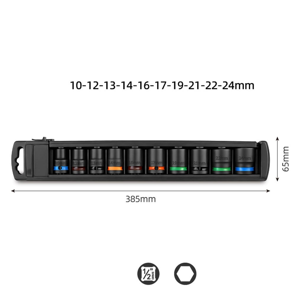 10-częściowy zestaw kluczy nasadowych 1/2 cala 10-24 mm, stal Cr-V o grubych ściankach z przegubem, do wymiany opon i maszyn