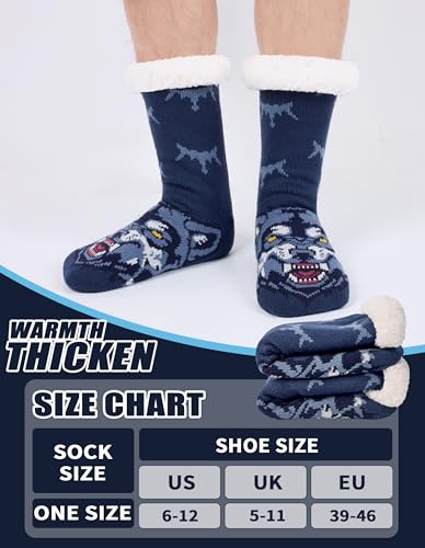 HERYEBING Kuschelsocken Herren Rutschfeste Stoppersocken mit Geschenkbox, Dicke Thermosocken Lustige Flauschig Wintersocken Hüttensocken Weihnachten Geschenke für Männer, Blau, Wolf