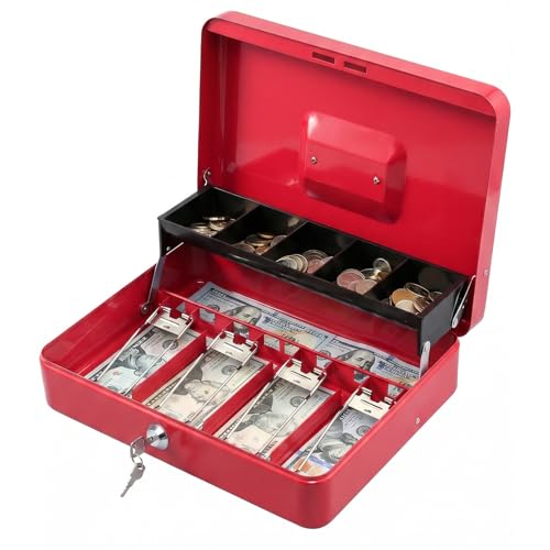 Image of KYODOLED Locking Cash Box with Lock,Money Box with Cash Tray,Lock Safe Box with Key,Money Saving Organizer,11.81Lx 9.45Wx 3.54H Inches,Red XL Large