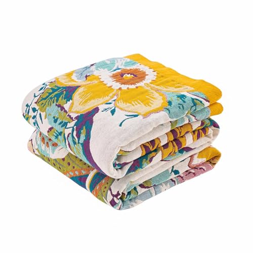 Image of XIBLC Boho Throw Blanket 100% Cotton Vintage Blanket Muslin Woven Flower Decorative Throw Blankets All Season Bohemian Rustic Farmhouse Decor Quilt for Bed (Yellow 80 inchx90 inch)