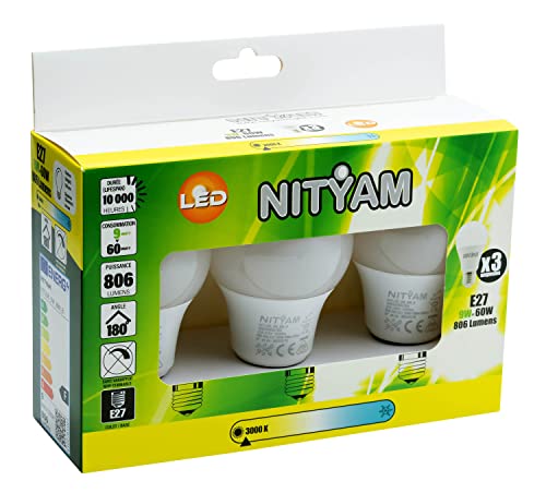 NITYAM Pack de 3 ampoules LED Standard 9W 806 Lumens Culot E27 - Couleur d'éclairage Blanc chaud 3000K - Angle d'éclairage 180° thumbnail