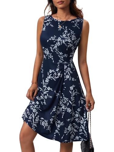 FENSACE Dress for Wedding Guest Boat Neck Ruched Waist Slim Fit Wedding Baby Shower Baby Shower Guest Dress(Blue White Leaf-1,Small)