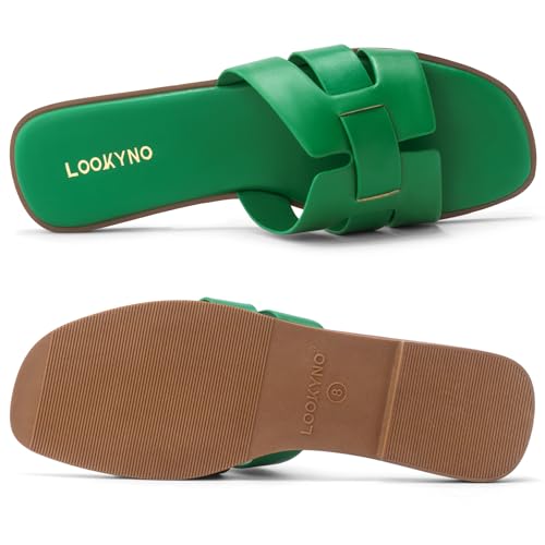 Image of Flat Sandals for Women Comfortable Slip On Dressy Summer Leather Slides with Square Open Toe