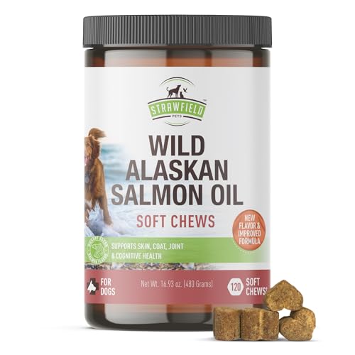 Strawfield Pets Salmon Dog Chews Omega 3 Fish Oil Chews with Wild Alaskan Salmon Oil Skin & Coat + Seasonal Allergy Support Hip & Joint Dog Supplement + EPA & DHA Made in...