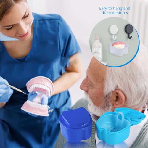 Image of KISEER Denture Bath Case Cup Box Holder Storage Soak Container with Strainer Basket for Travel Cleaning (Light Blue)