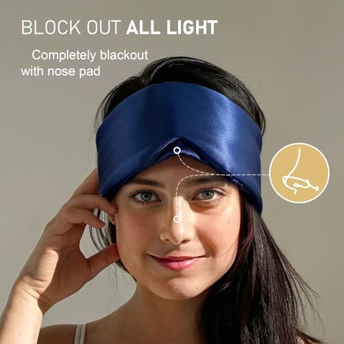 Image of LitBear Silk Sleep Mask for Side Sleeper, Eye Mask Sleeping for Women Men 100% 22 Momme Pure Mulberry Silk, Face-Hugging Padded Eye Cover for Sleeping with Adjustable Band (Midnight Blue)