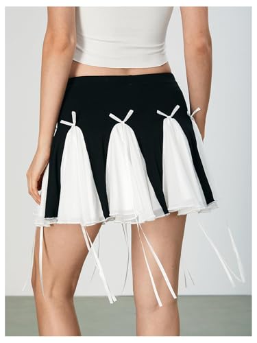 Verdusa Women's Coquette Colorblock Bowknot Ruffle Skirt High Rise A Line Mini Skirts3