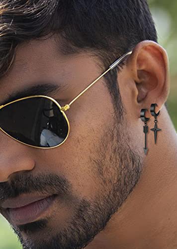 12 Pairs Stainless Steel Classic Dangle Earrings for Men Punk Gothic Long Chain Piercing Drop Earring Set Hinged Hoop Huggies Earring Jewelry Gift Silver Black Tone3