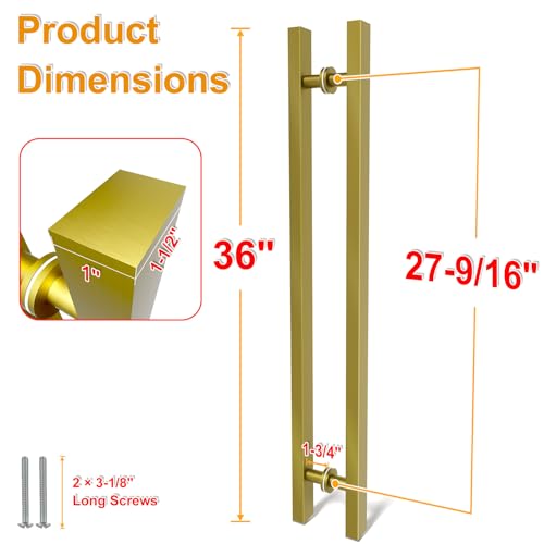 Image of 36 inch Titanium Gold Square Barn Door Pull Handle Double Sided | Heavy Duty 304 Stainless Steel, 27-9 /16 inch Hole Spacing, Fits 3 /4 inch-2 inch Thick Barn, Front Entry, Sliding & Exterior Doors