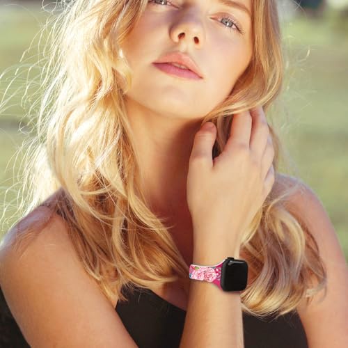 Image of Sport Band Floral Printed Compatible with Apple Watch Bands 49mm 46mm 45mm 44mm 42mm 41mm 40mm 38mm Women, Silicone Flower Printed Fadeless Pattern Design Strap for iWatch Series10 9 8 7 6 5 4 3 2 1SE