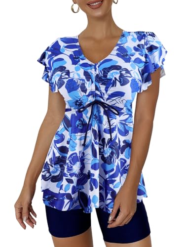 ECUPPER Women Short Sleeve Tankini Swim Dress Ruffled Flowy Skirt Swimsuits Tummy Control Two Piece Bathing Suits with Shorts