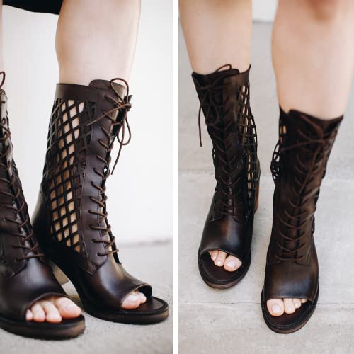 Vintage Foundry Women Normandy Open Toe Strappy Laser Cutout Caged Mesh Fishnet Mid Calf Top Backstrap Ankle Strap Cuff Chunky High Heels Platform Sandals Adjustable Laces Zipper Beach Cruise Poolside; Size 7.5 #TOP6