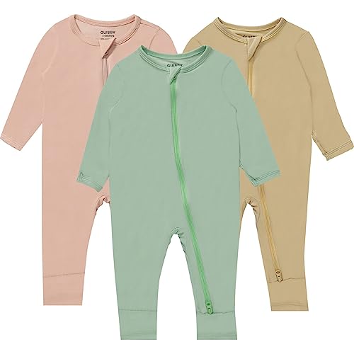 Image of GUISBY Baby Pajamas with Mitten Cuffs - 3Pcs Girls Boys 2 Way Zipper Long Sleeve Rayon Sleepers