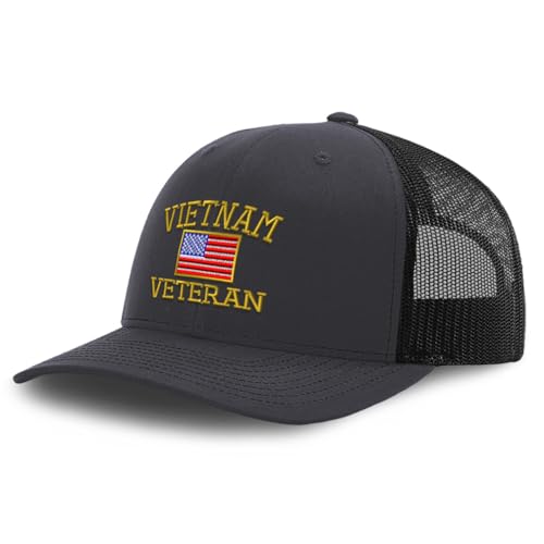 Mesh Cap Hat Embroidered Vietnam Veteran War B Embroidery Trucker Hats for Men & Women Cotton Dark Grey Black Design Only