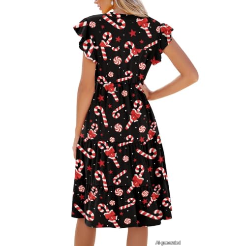 Image of Womens Summer Dress Ruffle Sleeve V Neck Dress Casual Fit Flowy Beach Vacation Sundress with Pocket S-2XL