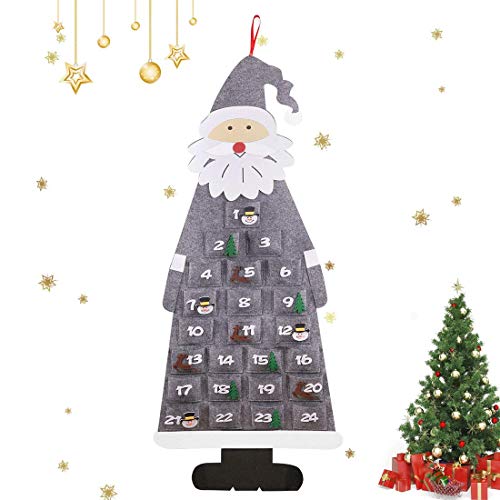 Aurasky Calendrier de l'avent en Feutre de Noël Père Noël, Enfant Calendrier de l'Avent Tissu DIY, 24 Sac l'Avent à remplir Tissu de Noël Feutre, Suspension Murale Décoration de Noël (Gris) Cover