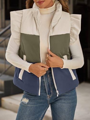 Tankaneo Womens Puffer Vest Ruffle Sleeveless Zip Up Quilted Jacket Color Block Winter Warm Padded Gilet Coats2