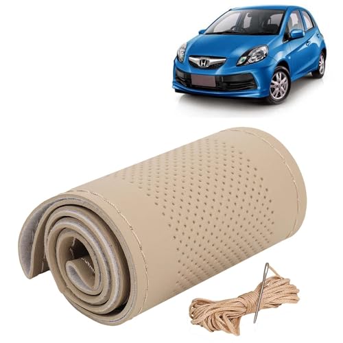Image of KINGSWAY PU Leatherite Car Steering Cover Sewable Compatible with Honda Brio (Year 2011-2019), Beige Color with Beige Thread, Pack of 1 with Sewing Needle and Thread