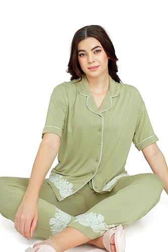 Image of ZEYO - Women's Viscose Floral Printed Night Suit Set of Shirt & Pajama Set
