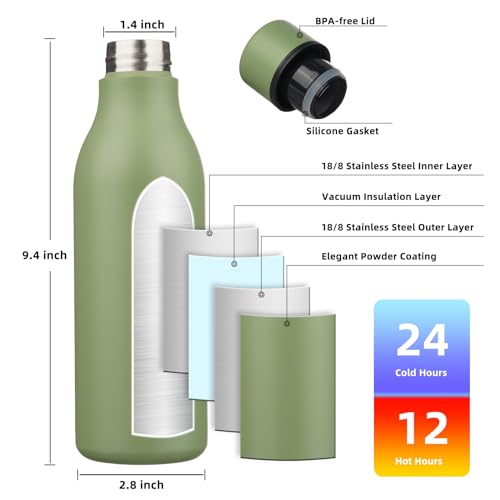 Image of BJPKPK Insulated Water Bottles, 18 oz Stainless Steel Metal Water Bottle with Strap, BPA Free Leak Proof Jugs, Mugs, Flasks, Reusable Thermal Flasks for Sports & Travel, Forest Green