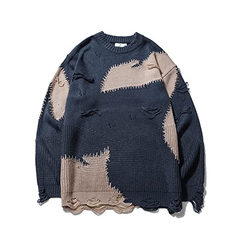 XMAIYIF (Wool) Sweater Mens Vintage Oversize Knitted Sweater Long Sleeve Round Neck Knitted Pullover Jumper Sweater(Dark Blue,L)