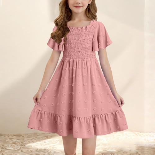 Teen Girls 2025 Summer Dresses Kids Polka Dot Dress Size 4-14 Years Solid Color Smocked Boho Square Neck Casual A Line Dress2