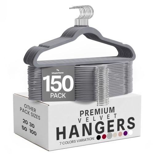 Image of Utopia Home Velvet Hangers, Grey, 150 Pack | Luxury Non-Slip Slim Pant & Coat Hangers, Strong Space-Saving Clothes Hangers with Pants Bar and 360 Swivel Hook