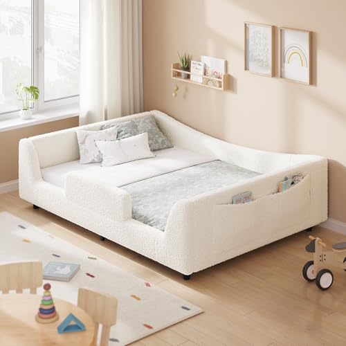HAUOMS Floor Bed, Low Montessori 2-in-1 Convertible Beds, with Slats and High Rails, Upholstered Bed, Curve Round Frame, Girls and Boys, No Box Spring Needed, Easy Assemble (Beige, Full)