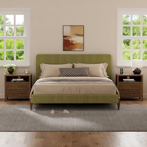 Image of EYYTHUNG Wooden Nightstand with Charging Station Modern End Table with 2 Drawers Farmhouse Night Stand Bedside Side Table with Storage Open Shelf for Sofa, Bedroom, Brown