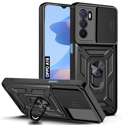 Image of AESTMO Tough Armor Oppo A16 Bumper Back Case Cover | Ring Holder & Sliding Camera Shield Cover | 360 Degree Protection Back Case Cover for Oppo A16 (Black)