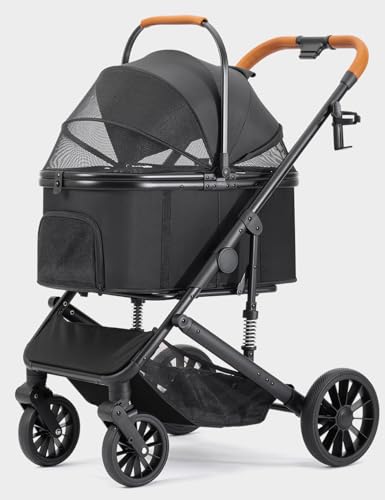SUNTHX Dog Stroller for Small/Medium Dogs Up to 60lbs, 4 Wheels Folding Pet Stroller with Detachable Carrier, Pet Travel Carrier for Puppy & Cats, Storage Basket, Breathable Mesh, Black