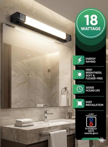 Image of 18 /12W White PVC Body | Dressing Table |Rose Chrome Finish | Bathroom Mirror | Vanity | Picture | Cabinet | Adjustable | Wall Mounted Light. (Black Body, 18w)