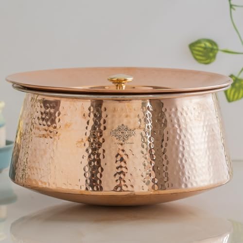 Image of Indian Art Villa Handcrafted Hammered Copper Serving Handi with Lid and Tin Lining - Traditional Indian Cookware Handi for Serving Rice, Curries, and Dishes - 2800 ML Capacity