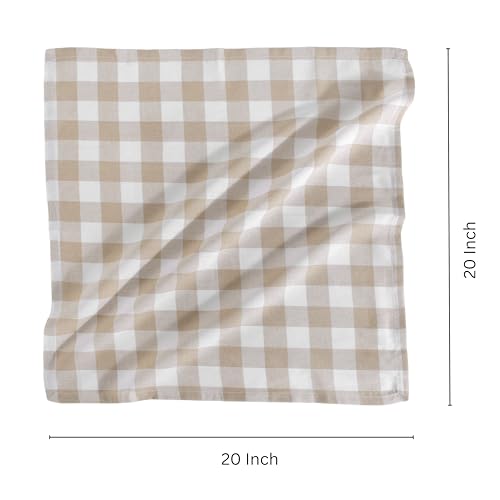 Image of FINGERCRAFT 100% Cotton Cloth Napkins Set of 12 - 20x20 Inch (50x50 cm) Reusable Dinner Table Napkins, Soft & Absorbent Buffalo Check Gingham Fabric, Washable Kitchen & Dining Napkins (Beige White)
