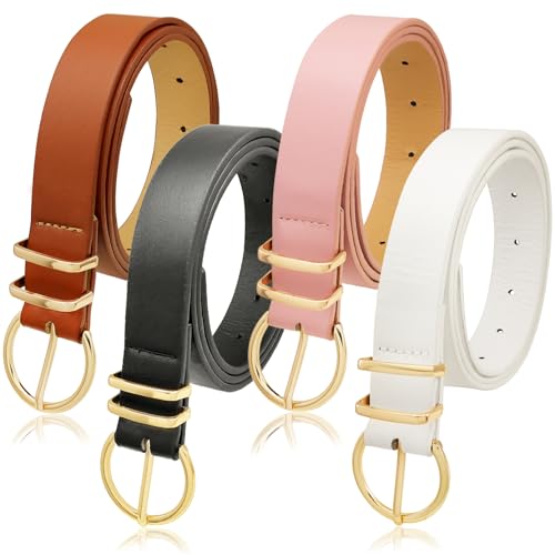 4 Pack Women Leather Belt for Jeans Dresses Fashion Ladies Leather Waist Belt with Gold Buckle