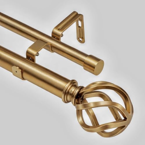 Gold Double Curtain Rods, Heavy Duty Decorative Drapery Rod 36-72 Inches, Telescoping Drapery Rod with Twisted Cage Finials 36"-72" Warm Gold