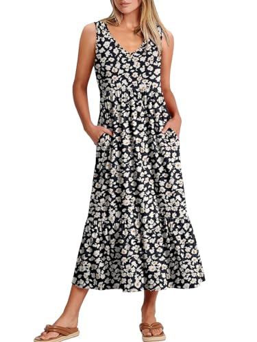 Prinbara Womens Summer Casual Sleeveless Swing Long Sundress Flowy Tiered Loose T Shirt Maxi Beach Dresses Black White Medium
