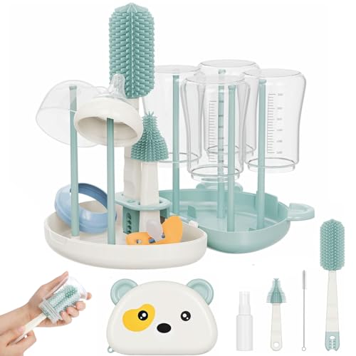 Image of Baby Bottle Brush Set - 7 in1 Travel Bottle Cleaner Kit with Silicone Brush, Nipple Brush, Straw Brush, Bottle Drying Rack, Soap Dispenser, Storage Box, Baby Travel Essential Gift for Parents (Green)