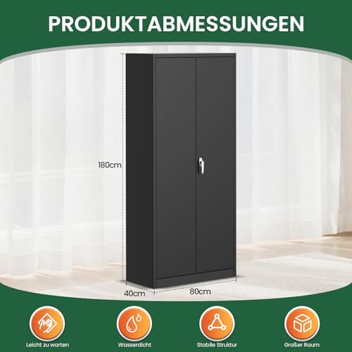 kavey Aktenschrank, Mehrzweckschrank, Büroschrank mit 4 Abnehmbaren Einlegeböden, Aktenschrank abschließbar für Lagerhaus, Garage, Zuhause, 180 x 80 x 40 cm, Schwarz