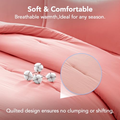 Image of Quataly Oversized Queen Comforter Set Prewashed Lightweight Quilted Bedding | 3PCS Peach Pink Breathable Down Alternative Bedding Set with 1 Solid Comforter (98 inchx98 inch) and 2 Soft Pillowcases