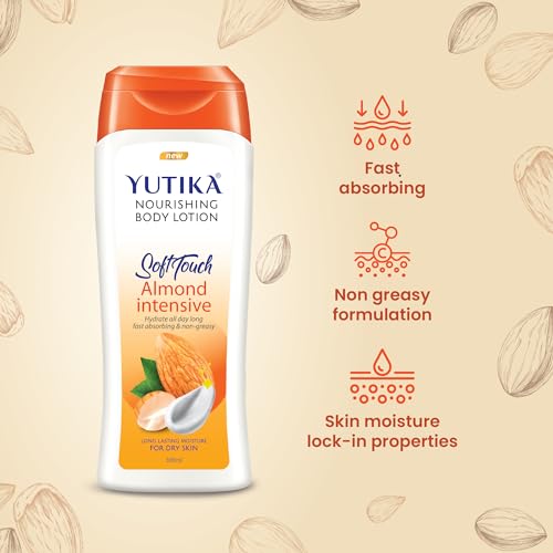 Image of Yuthika Soft Touch Almond Intensive Nourishing Body Lotion for Dry Skin, All-Day Hydration, Fast Absorbing & Non-Greasy, Long-Lasting Moisture, 300ml (Pack of 2)