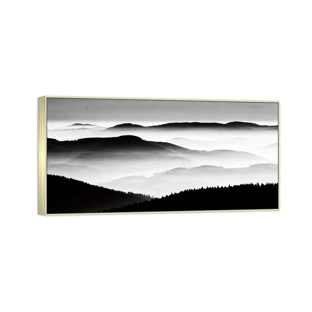 OZPWBVY Mountain Black White Landscape Canvas Picture 60x120cm Silver Frame