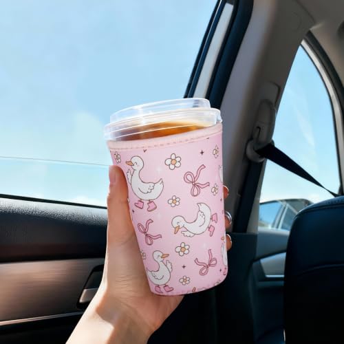 Image of Reusable Insulated Sleeve for Iced Coffee Cup, 3-Pack Coffee Neoprene Drink Sleeve for Cold & Hot Drinks, Beverage Holder for Iced Coffee (Goose Bows)