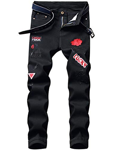 IDEALSANXUN Ripped Jeans Men Pattern Straight Leg Skinny Slim Fit Stretch Jeans