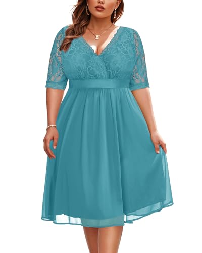 Image of Pinup Fashion Plus Size Lace Chiffon Wrap V Neck Dresses Women Cocktail Wedding Guest Midi Dress