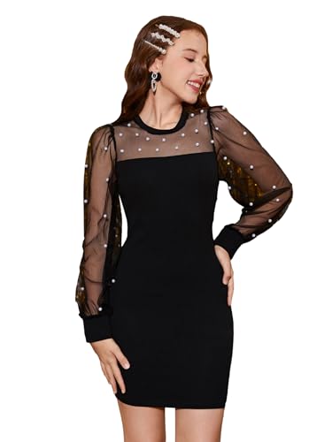 WDIRARA Girl's Pearls Beaded Contrast Mesh Bishop Long Sleeve Round Neck Bodycon Party Mini Dress