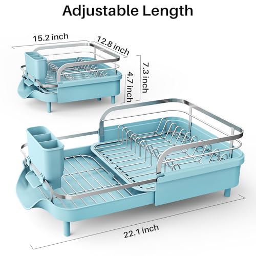 Image of SNTD Dish Drying Rack, Expandable Dish Rack for Kitchen Counter, Stainless Steel Dish Drainer with Drainboard Set and Utensil Holder (Blue)