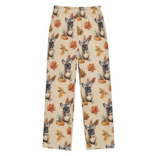 ZZXXB Bulldog Autumn Leaves Boys Long Pants Soft Trousers Elastic Waist Kids Lounge Bottoms with Pockets S-XL